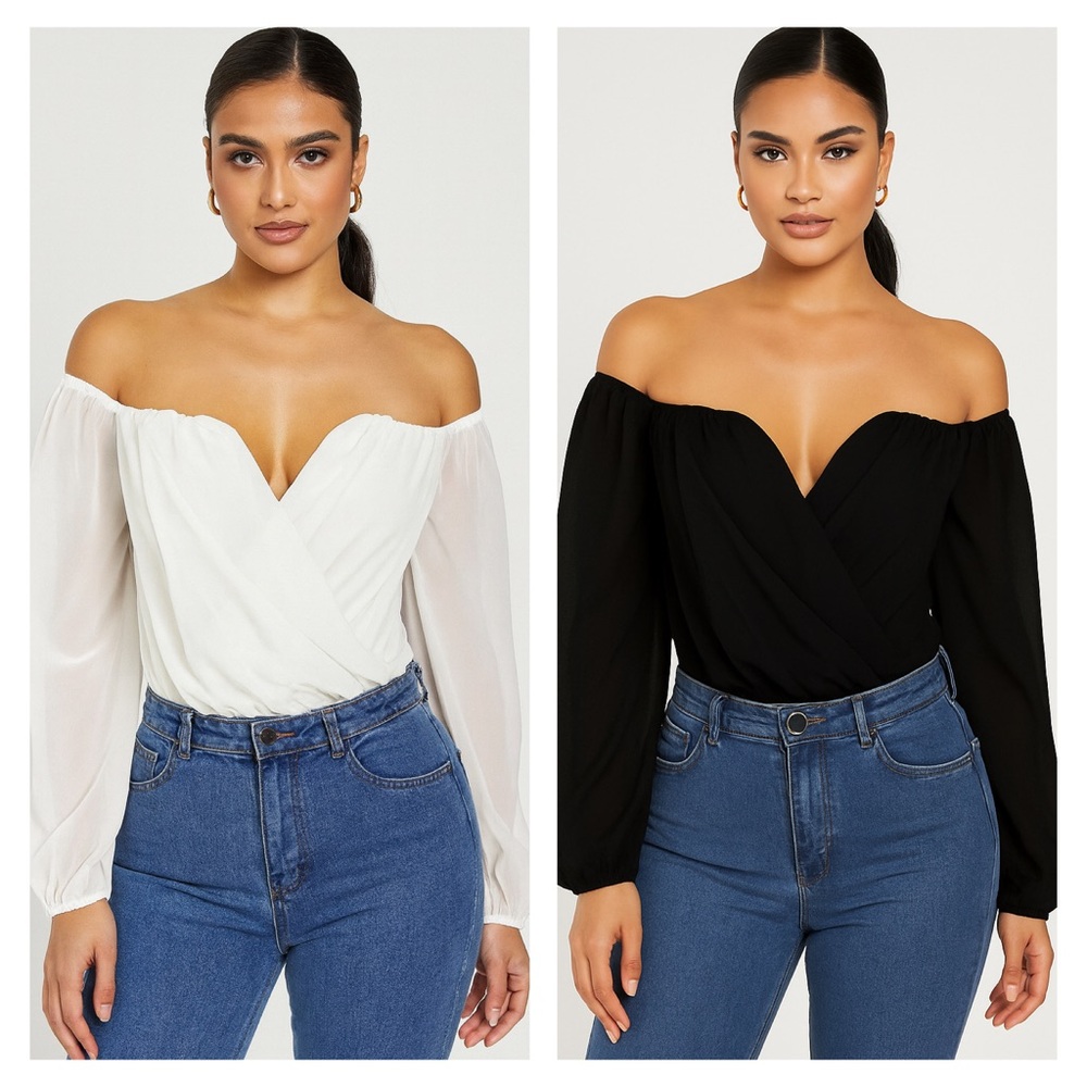 2 GUESS Elegant Off-Shoulder Sheer Blouse Bodysuit Bundle